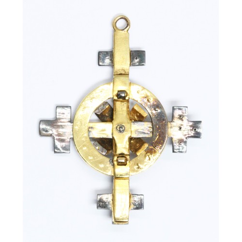 52 - A 19th century Celtic cross style pendant set with rose cut diamonds and split pearls, yellow and wh... 