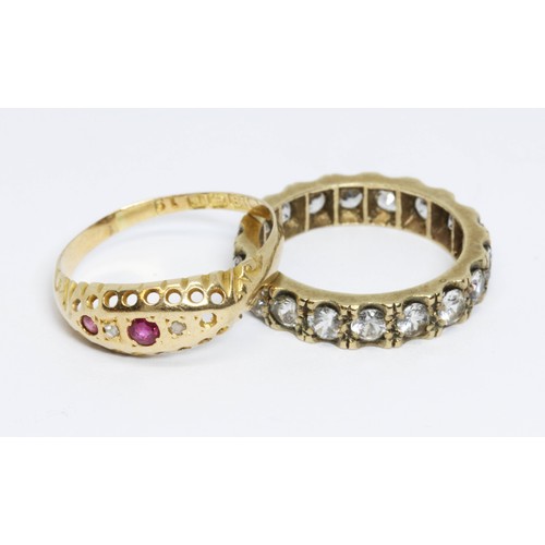 61 - Two rings: an antique hallmarked 18ct gold diamond and ruby ring, weight 1.6g, size L and a colourle... 