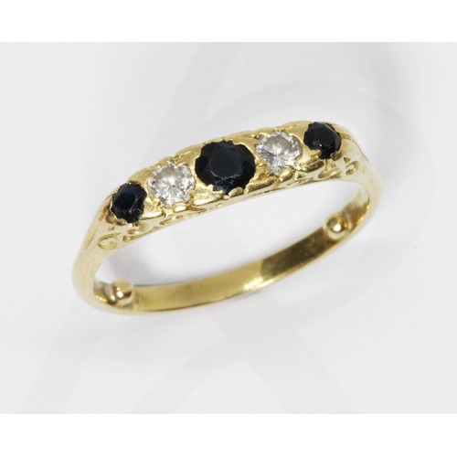 133 - A five stone diamond and sapphire ring, scroll setting, yellow metal band unmarked, gross weight 4.6... 