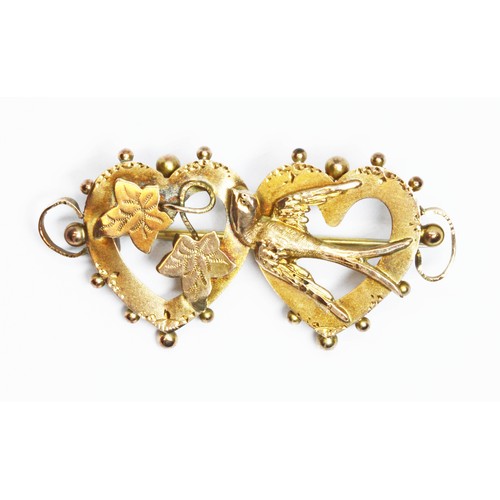 92 - A Victorian double heart, swallow and vine brooch, Birmingham 1876, length 38mm, weight 2.3g.