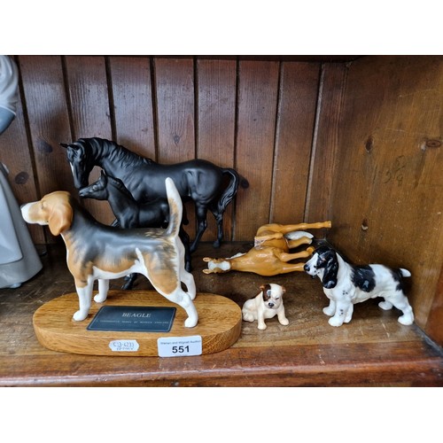 551 - Beswick - Beagle on wooden plinth (1933B), Black Beauty and Foal, Palomino Prancing Arab (with leg a... 