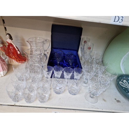 597 - Lead crystal - Stuart ‘Glengarry’ design glasses & 2 water jugs, a boxed pair of Royal Doulton Cryst... 