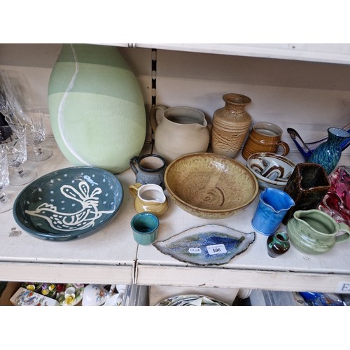 596 - Studio pottery - 15 items including Loch Tay Pottery, Baron  Barnstaple and a glazed dish 		decorate... 