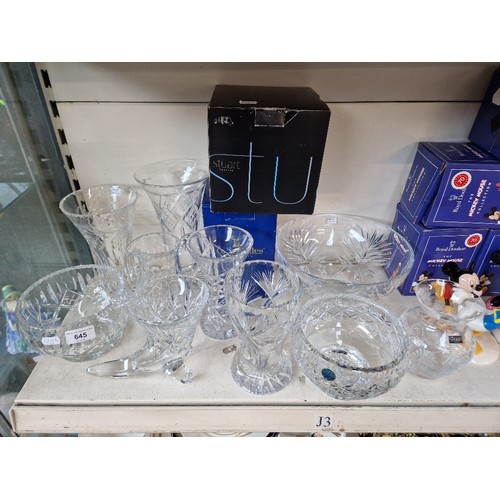 645 - 10 large lead crystal items including Royal Doulton bowl (25cm diameter), Royal Brierley vase (20.5c... 