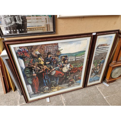 782 - Rod Jordan (20th century), two oils depicting musicians at the races, each framed and glazed.