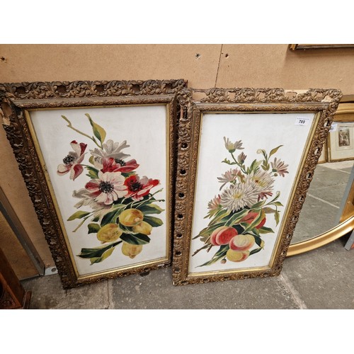 789 - A pair of still life paintings on porcelain, fruit and flowers, framed, 40cm x 65cm each.