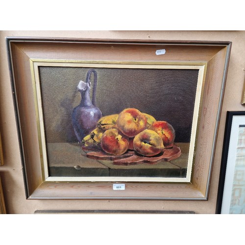 801 - 20th century school, oil on board, still life of fruit, 44cm x 34cm, unsigned, framed.