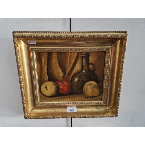 836 - Late 19th century school, still life, oil on canvas mounted on board, 24cm x 18cm, monogrammed 'HR' ... 