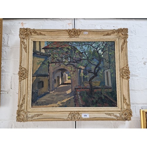 848 - James Proudfoot (British, 1908-1971), oil on board, courtyard scene, 48.5cm x 38.5cm, signed and dat... 