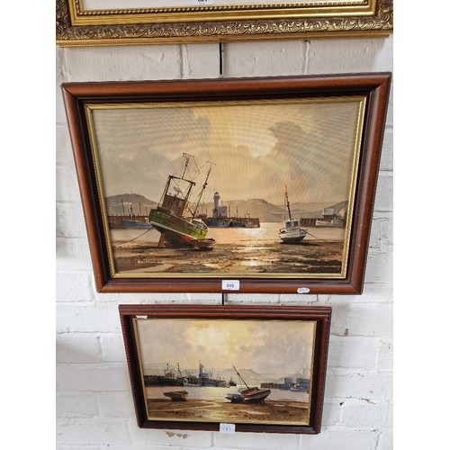 849 - Don Micklethwaite (b.1936), two oil on boards, harbour scenes with fishing boats, 50cm x 30cm and 40... 