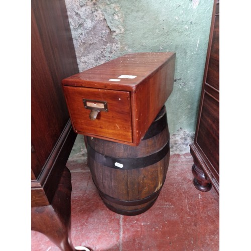 867 - A vintage wooden filing drawer and a metal bound barrel.