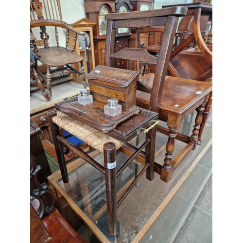 894 - A rush seat chair, brass handled oak tray & a oak desk stand with pair of glass & silver plate inkwe... 