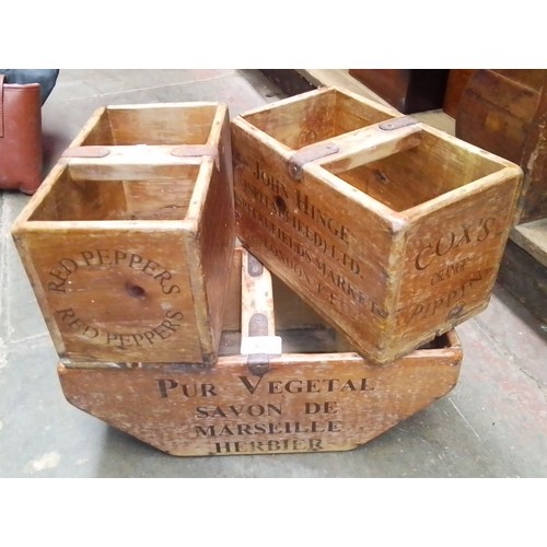 67 - 2 vintage Cox's Pippins boxes from Spitalfields Market, and a French herb basket