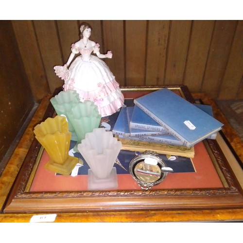 61 - A mixed lot comprising a Coalport figurine, Art Deco glass, a pair of oriently silk pictures, anothe... 