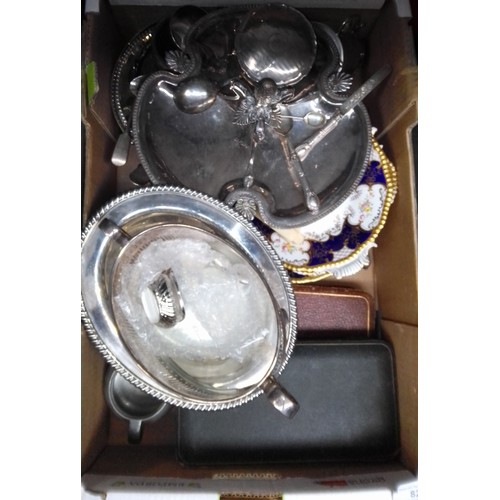 82 - A box of silver and silver plated items to include trays, cutlery, etc. (silver dish in cabinet)