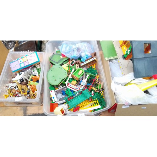 74 - Three boxes of toys including playmobil and a cricket bag with 3 vintage bats, balls etc