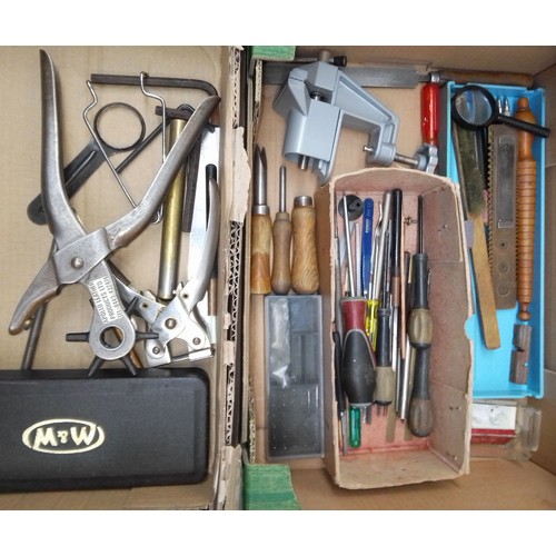 73 - Three boxes of watch and clock spares together wit tools, also a Mantel clock with key and pendulum,... 