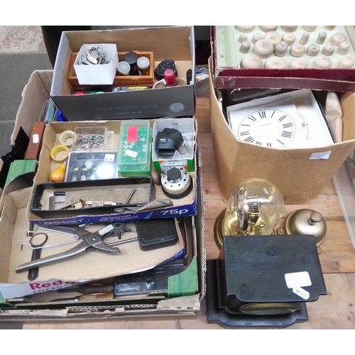 73 - Three boxes of watch and clock spares together wit tools, also a Mantel clock with key and pendulum,... 