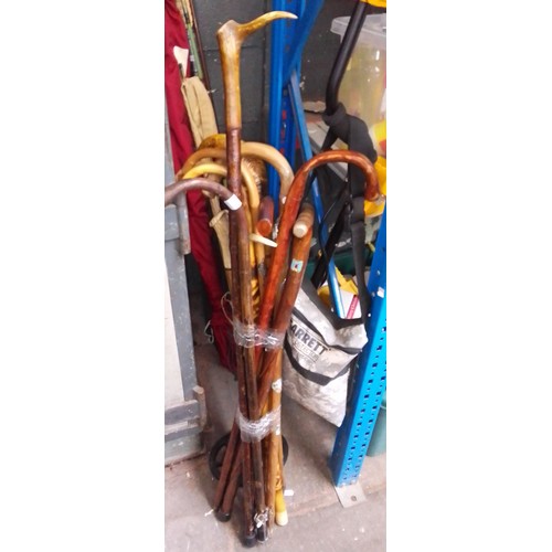 99 - A bundle of assorted walking sticks to include some horn handled & travel badges etc.