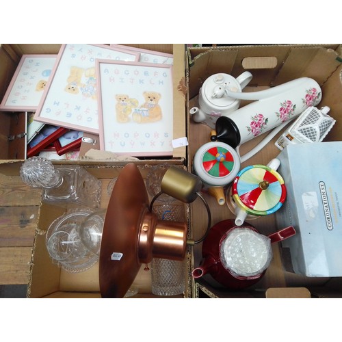 76 - A box of glassware and a copper lamp, a box of collectors teapots, and a box of alphabet pictures