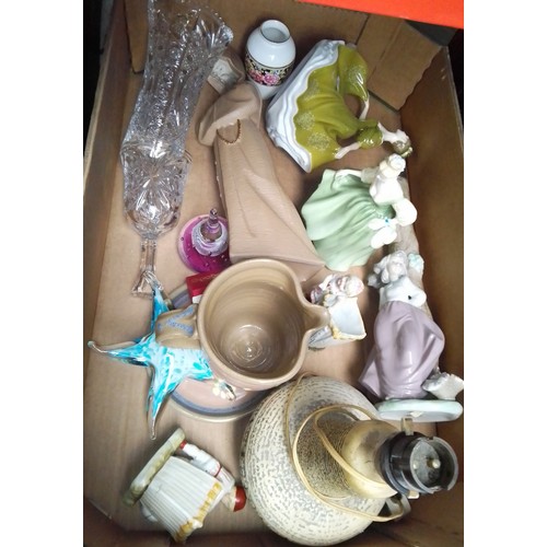 95 - A box of ceramics including studio pottery, glassware, 2 Doulton figures, 1 Nao figure, table lamp