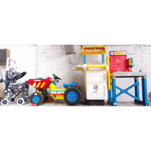 104 - Three large toys - workbench, cooker/fridge, and a Big Jeff Dumper, Also includes child's pram