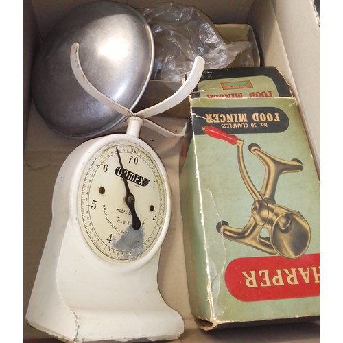 120 - A mixed lot of vintage kitchenalia comprising scales, food mincer and an egg beater.