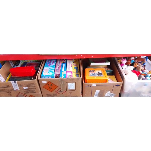 141 - Four boxes of toys and games to include a box of McDonalds soft toys, Star Wars Monopoly, Cluedo, Ma... 