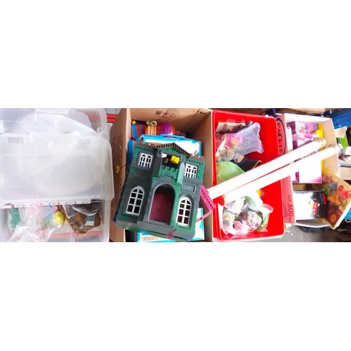 136 - Four boxes of toys to include Playmobil, Doodletop, Brio Mec,  playworn cars, Wayne Manor (Batman) e... 