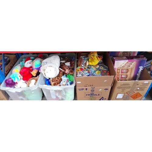 143 - Four boxes of toys and games including Playmobil 7411, large collection of Ty Beanies, soft toys, Ba... 