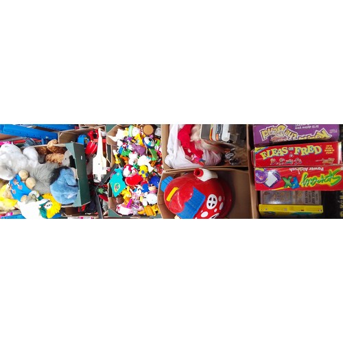 137 - Five boxes of toys and games including Micro Machines, doll, a box of soft toys, play house, Spray F... 