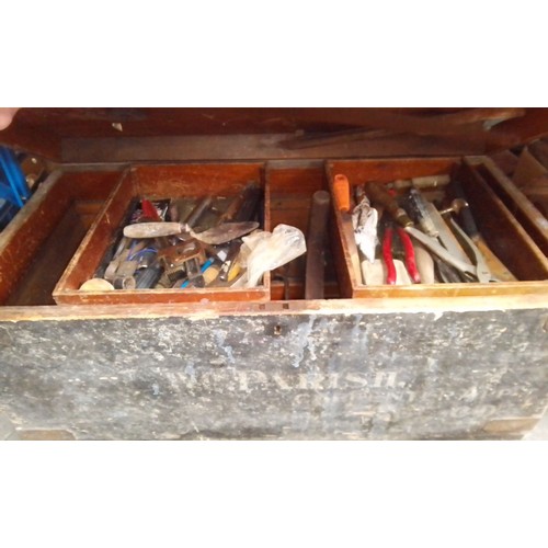 164 - A large wooden carpenters tool chest from Royal Navy dockyard, Devonport. Complete with large collec... 