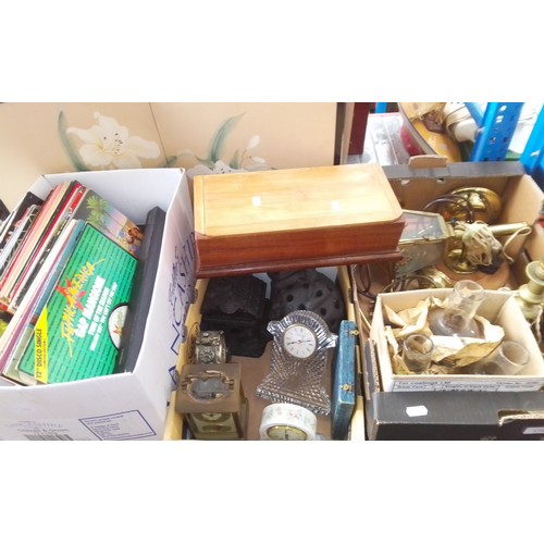 170 - A box of brassware, Mahjong set, carriage clock, Tipperary Crystal clock, box of records etc.