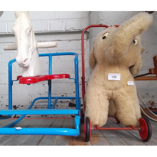 188 - A Triang rocking horse and a vintage elephant on wheels by Pedigree Soft Toys.