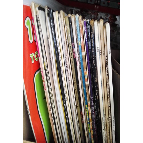 195 - A box of vinyl LP records, rock and pop including Simon & Garfunkel, Bob Dylan, etc.