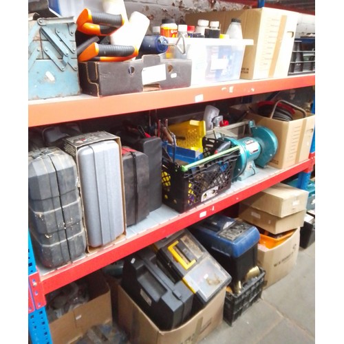 200 - A large quantity  (4 shelves) of garage and power tools including engineers vice, bench vice, grinde... 