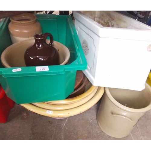 213 - Various stoneware and ceramic items including planter trough, bread crock, proving bowls etc