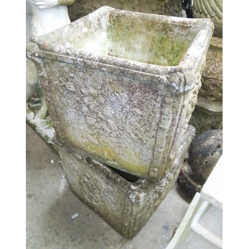 241 - Two square concrete garden planters with rose design