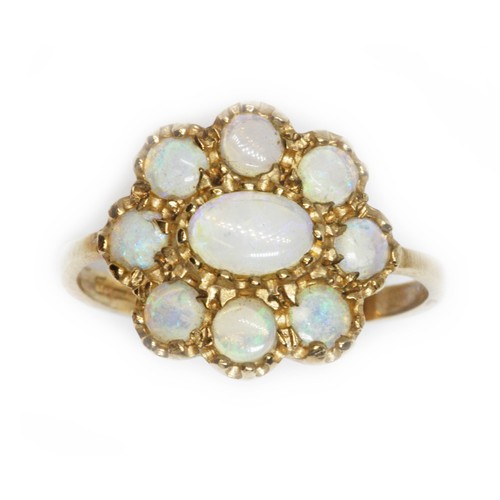 136 - A 9ct gold opal cluster ring, the cluster measuring approximately 13mm x 14mm, sponsor 'PR', Birming... 