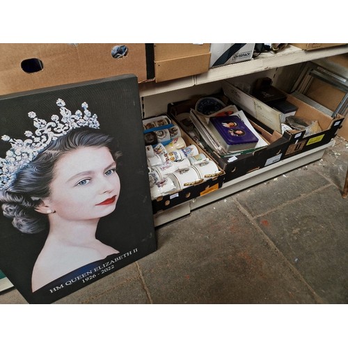 464 - Three boxes of assorted royal commemorative items and a canvas print.