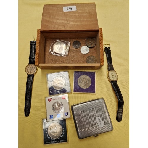 469 - A mixed box of coins, wristwatches, including Bulova, cigarette case