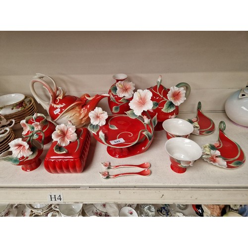 649 - Thirteen Franz porcelain items - 12 pieces Island Beauty Hibiscus design, including teapot, 2 cups a... 