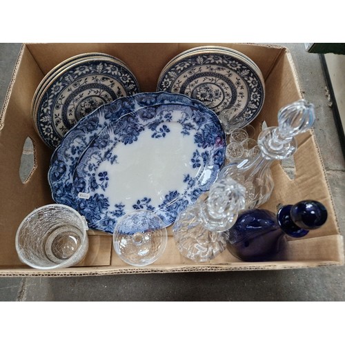 458 - A mixed lot of ceramics and glass including decanters, cut crystal, blue and white ware, Bristol blu... 