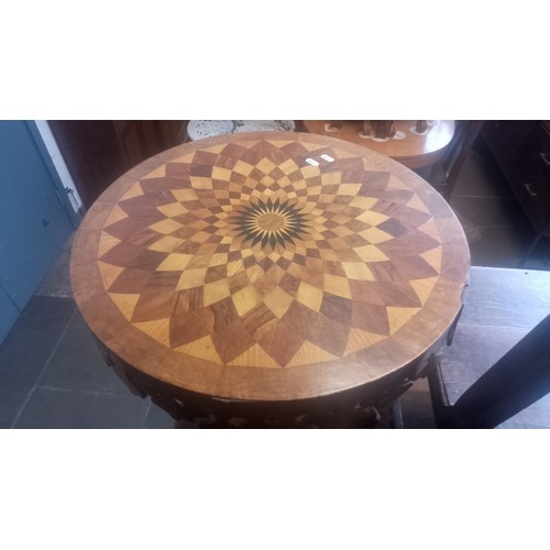 903 - A Victorian oak and walnut parquetry inlaid pedestal table with various specimen woods to the top.