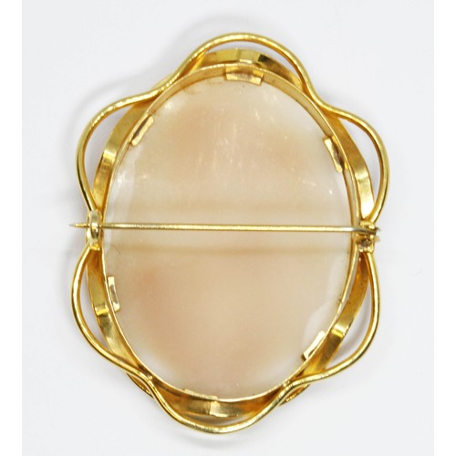 161 - A yellow metal mounted shell cameo brooch, 45mm x 60mm, unmarked, gross weight 20g,