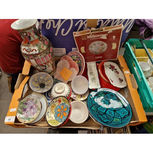 86 - 3 boxes of ceramics and some metalware. Includes studio pottery and oriental style