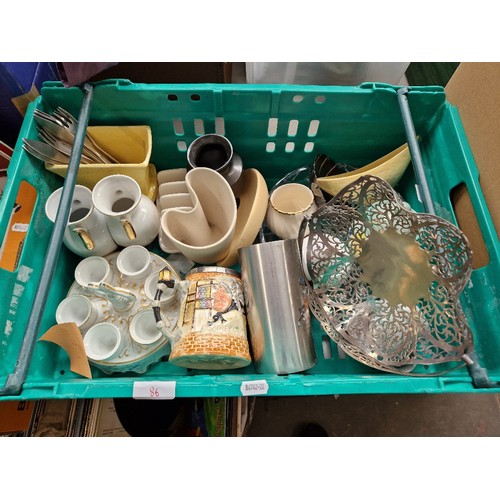 86 - 3 boxes of ceramics and some metalware. Includes studio pottery and oriental style