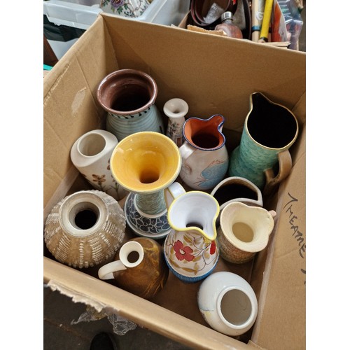 86 - 3 boxes of ceramics and some metalware. Includes studio pottery and oriental style