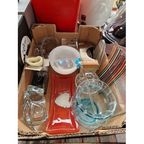 333 - Four boxes of assorted collectables including pens, sewing machine accessories, Geobel glass, milita... 