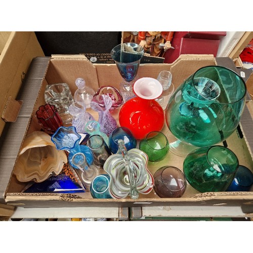 683 - Four boxes of coloured and clear glassware including decanters, glasses, vases etc by Caithness, Wat... 